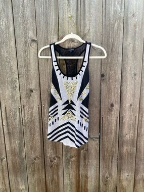 Geometric Print Sleeveless Tank Top - Black & White with sequins